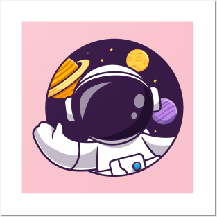 Cute Astronaut Waving Hand In Space Hole Cartoon Posters and Art